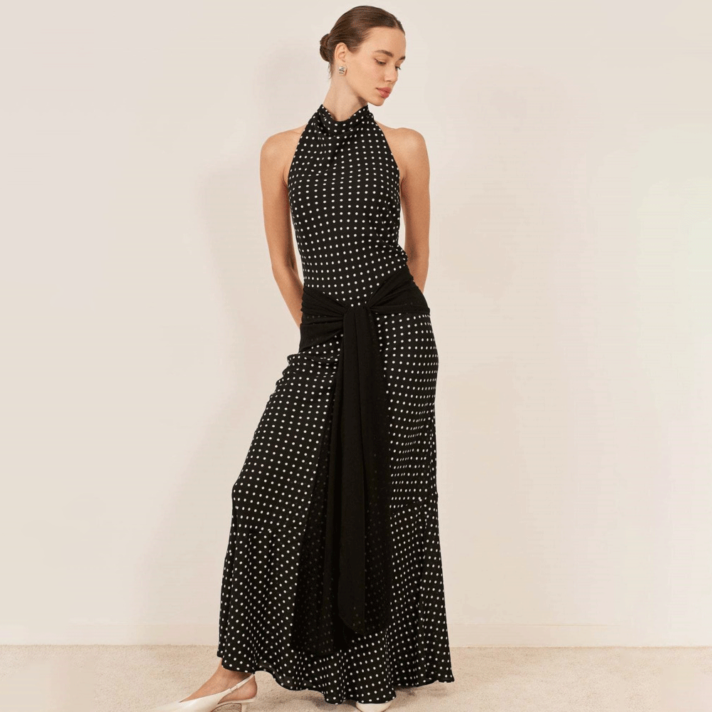 Polka Dot Halter Backless Maxi Dress