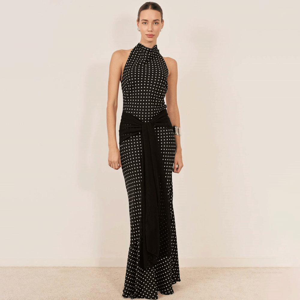 Polka Dot Halter Backless Maxi Dress