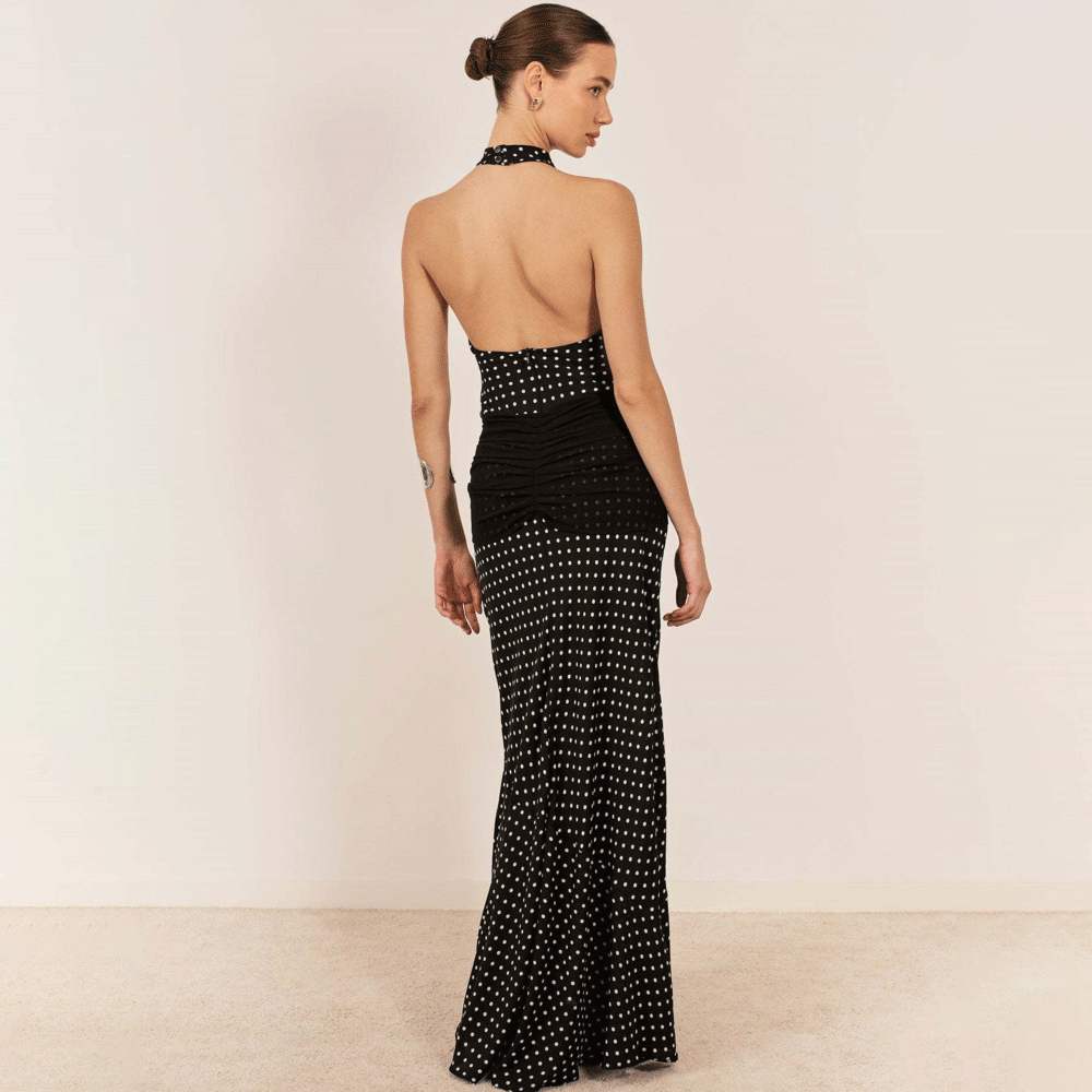 Polka Dot Halter Backless Maxi Dress